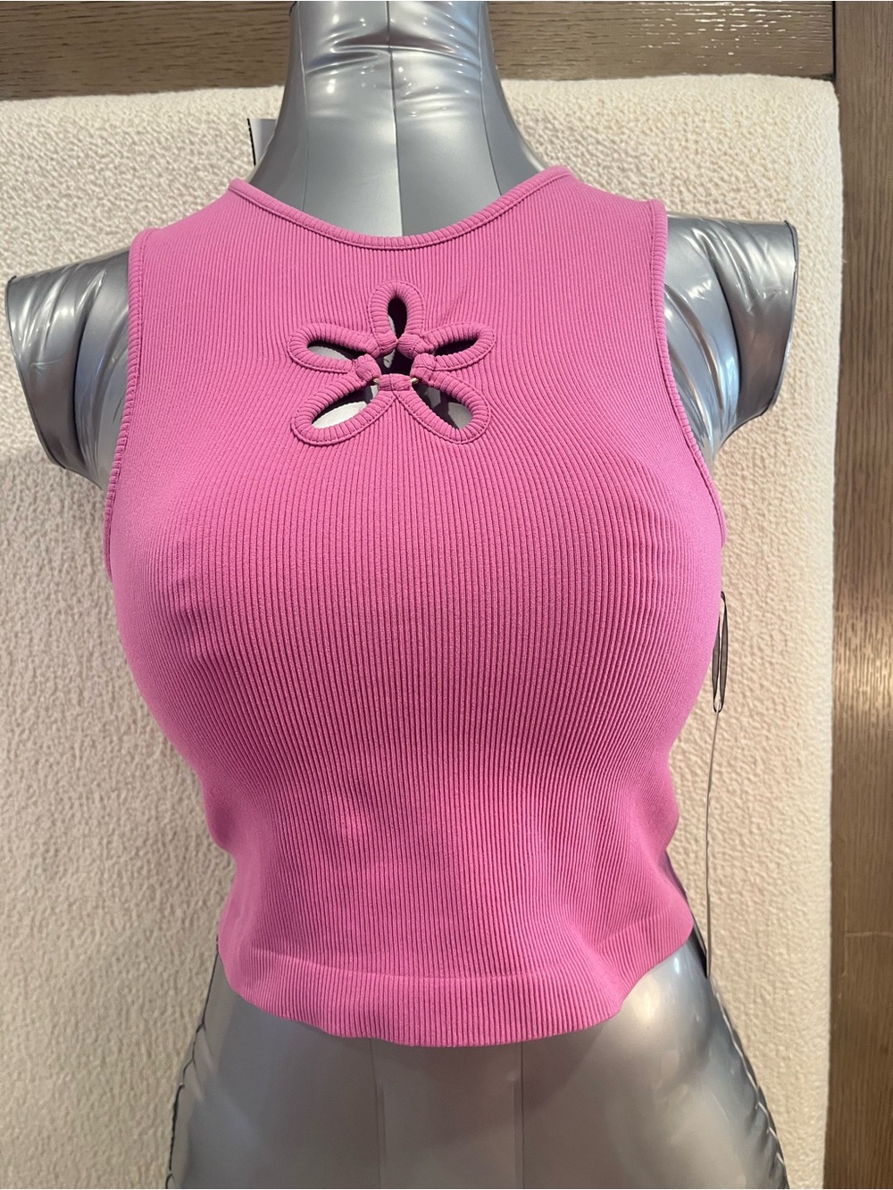 love, Fire Pink Ribbed Tank with Flower Cutout